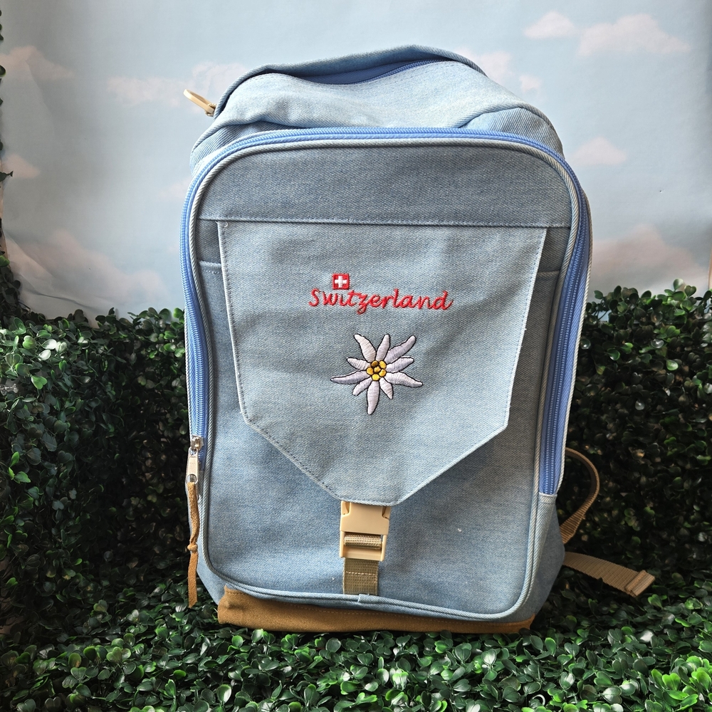 Blue Denim Style Backpack With Tan Suede Bottom